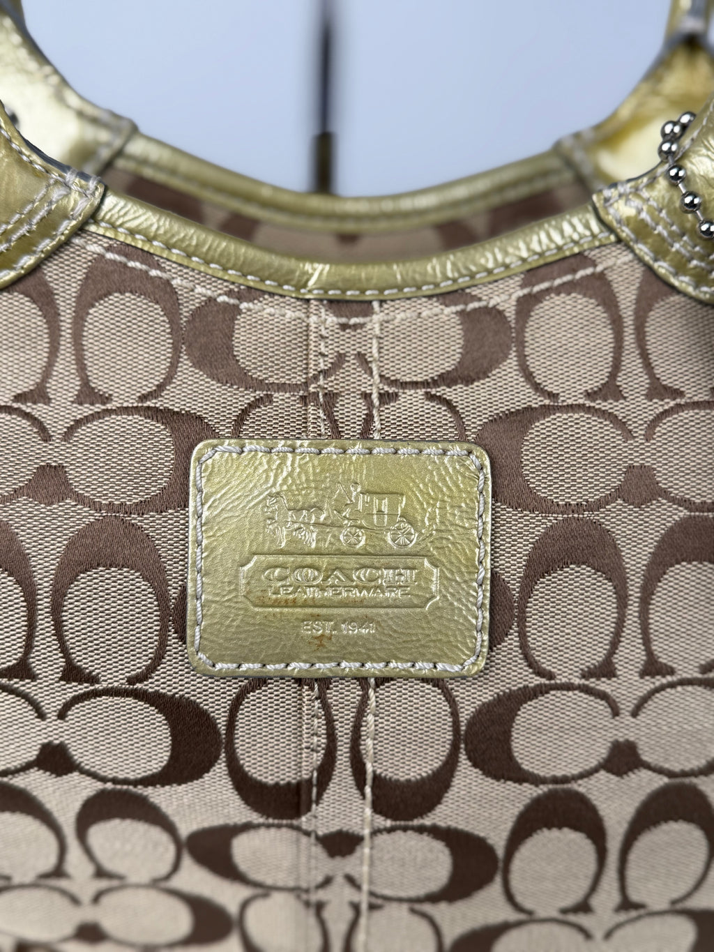 Coach F12564 Bleecker Signature Brown Monogram Shoulder Bag Gold Leather Trim
