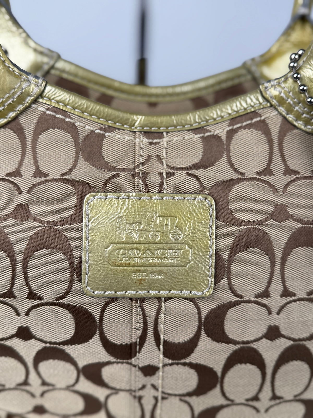 Coach F12564 Bleecker Signature Brown Monogram Shoulder Bag Gold Leather Trim