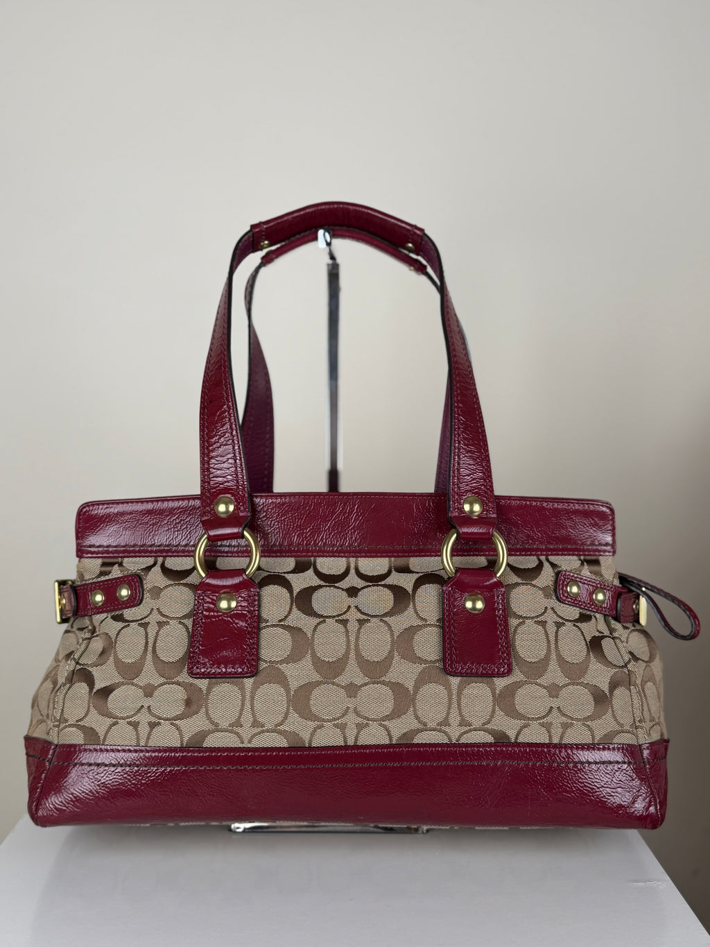 Coach F13131 Legacy Rare Turnlock Double Pocket Signature Brown Monogram Shoulder Bag Red Patent Leather Trim