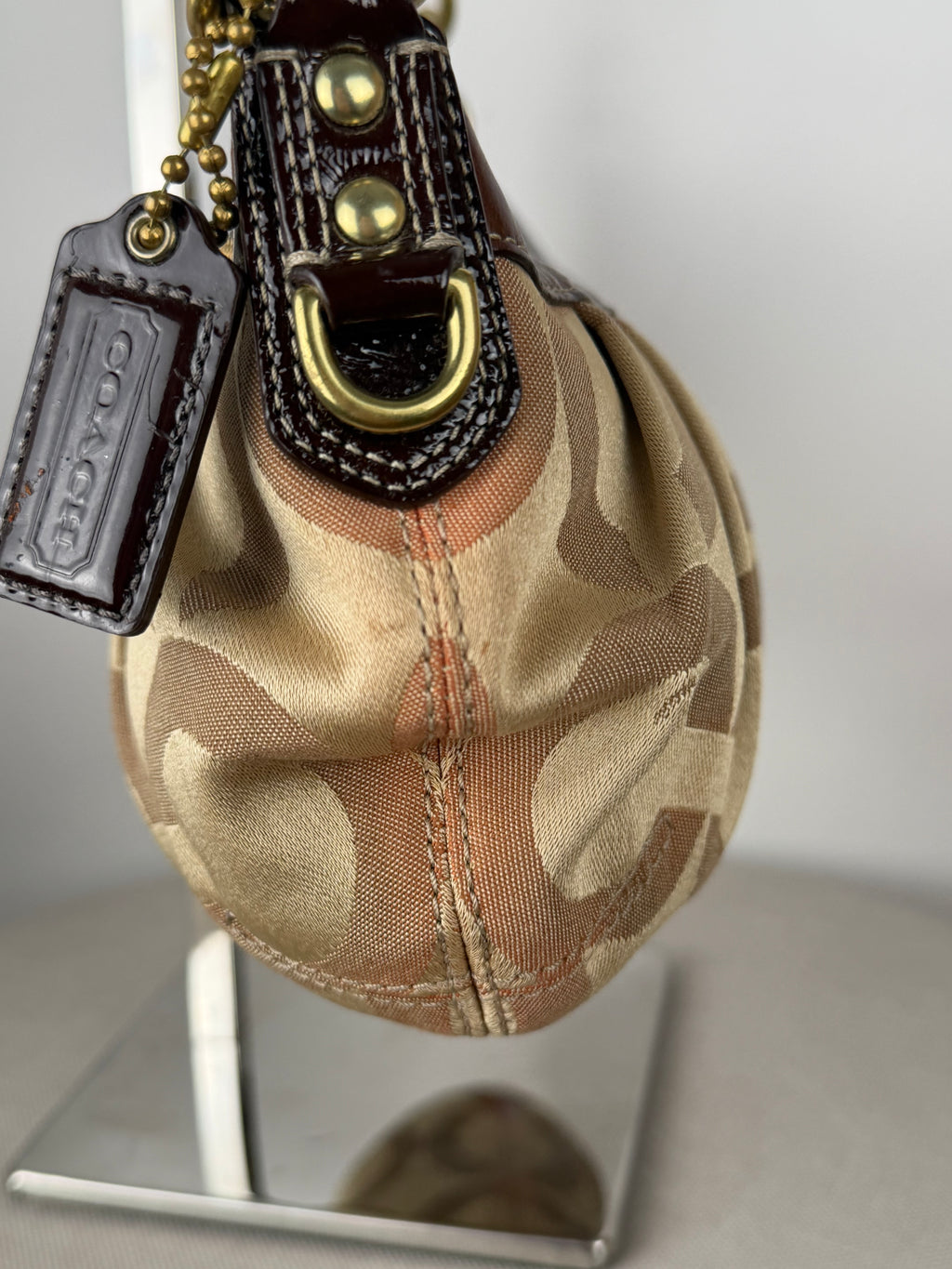 Coach 12950 Hobo Madison Optic Art Beige Monogram Shoulder Bag Brown Leather Trim