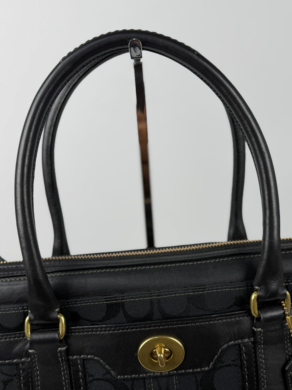 Coach 11062 Hampton Turnlock Black Monogram Shoulder Bag Leather Trim