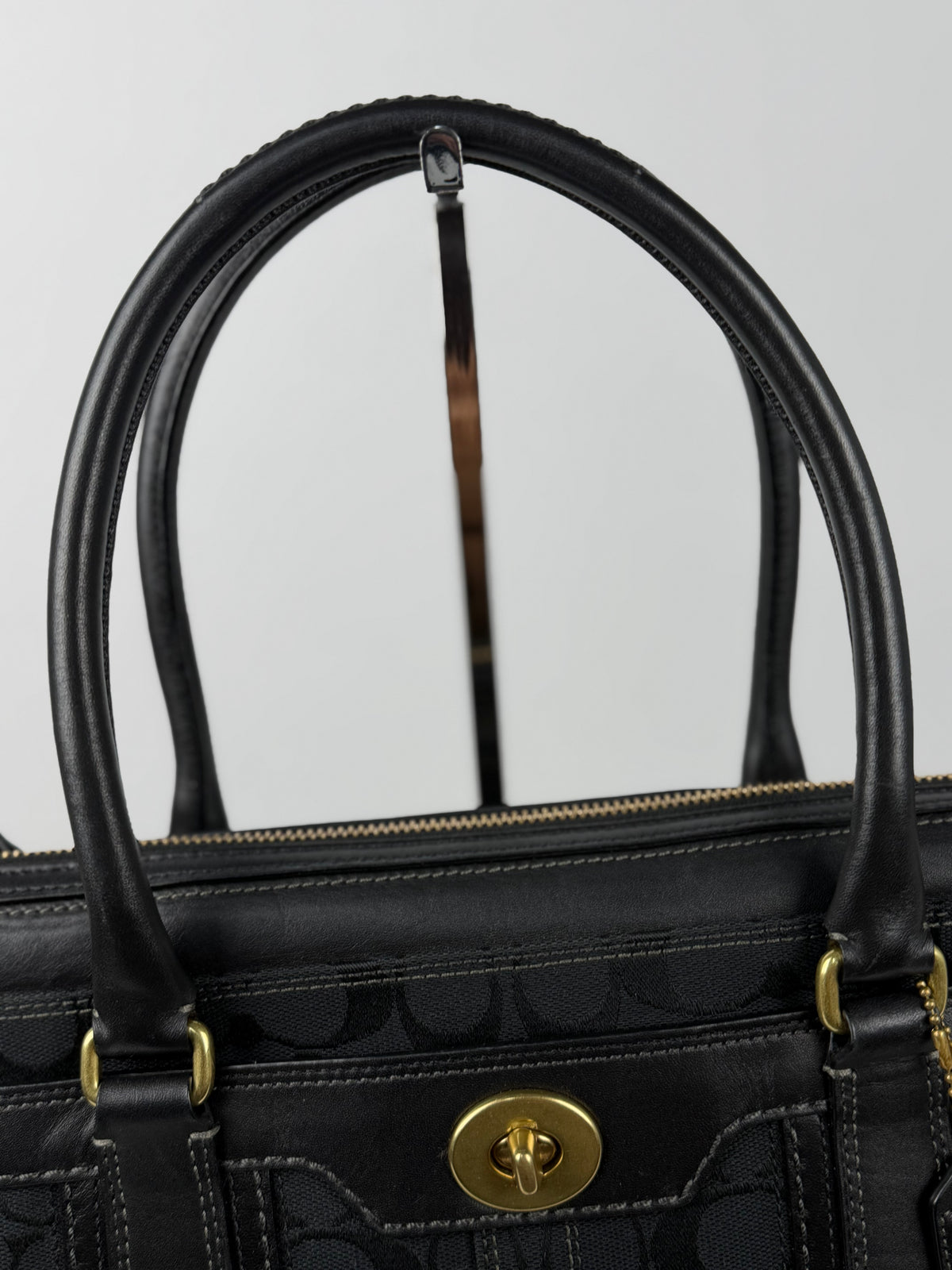 Coach 11062 Hampton Turnlock Black Monogram Shoulder Bag Leather Trim