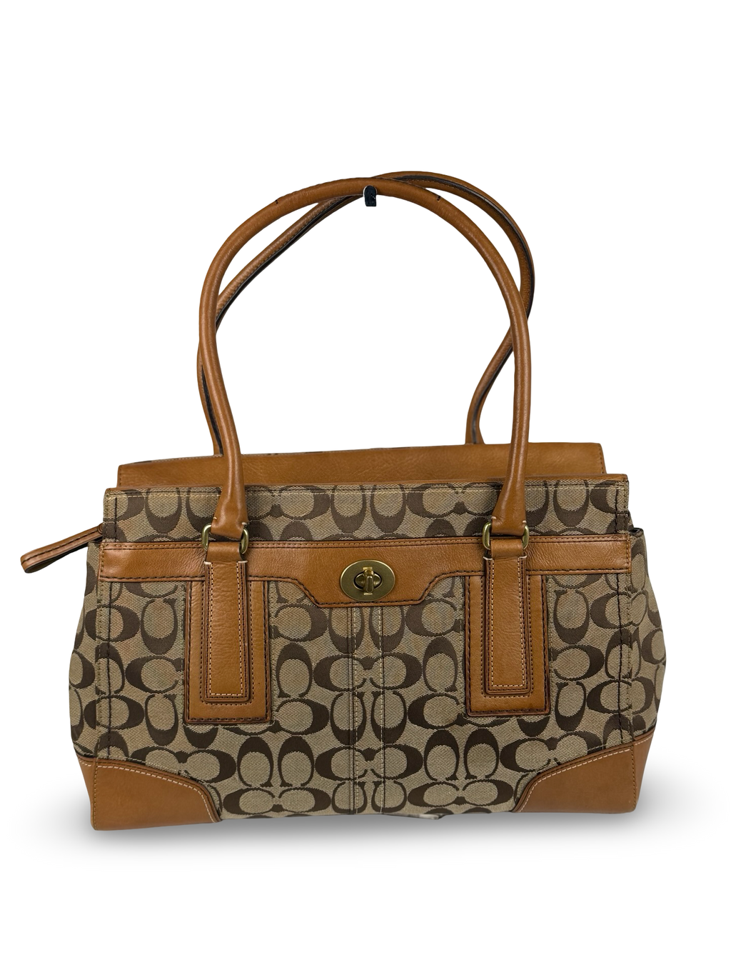 Coach 11063 Hampton Turnlock Signature Brown Monogram Shoulder Bag Leather Trim