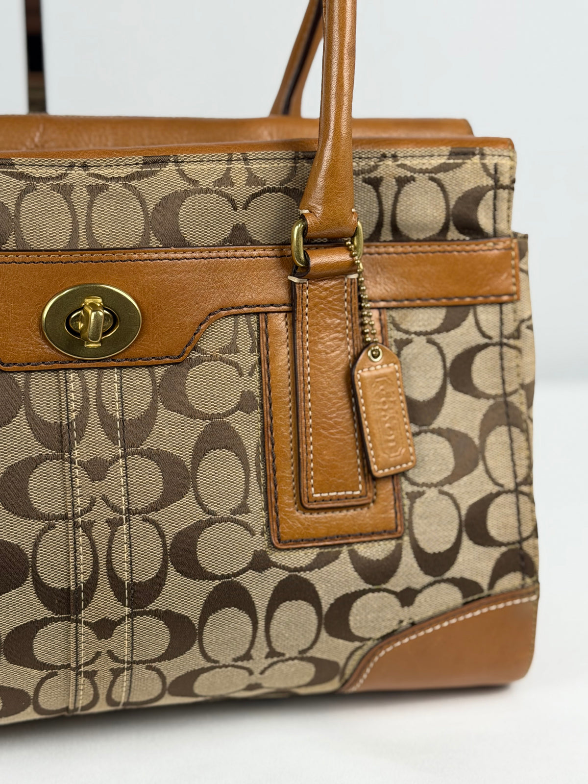 Coach 11063 Hampton Turnlock Signature Brown Monogram Shoulder Bag Leather Trim