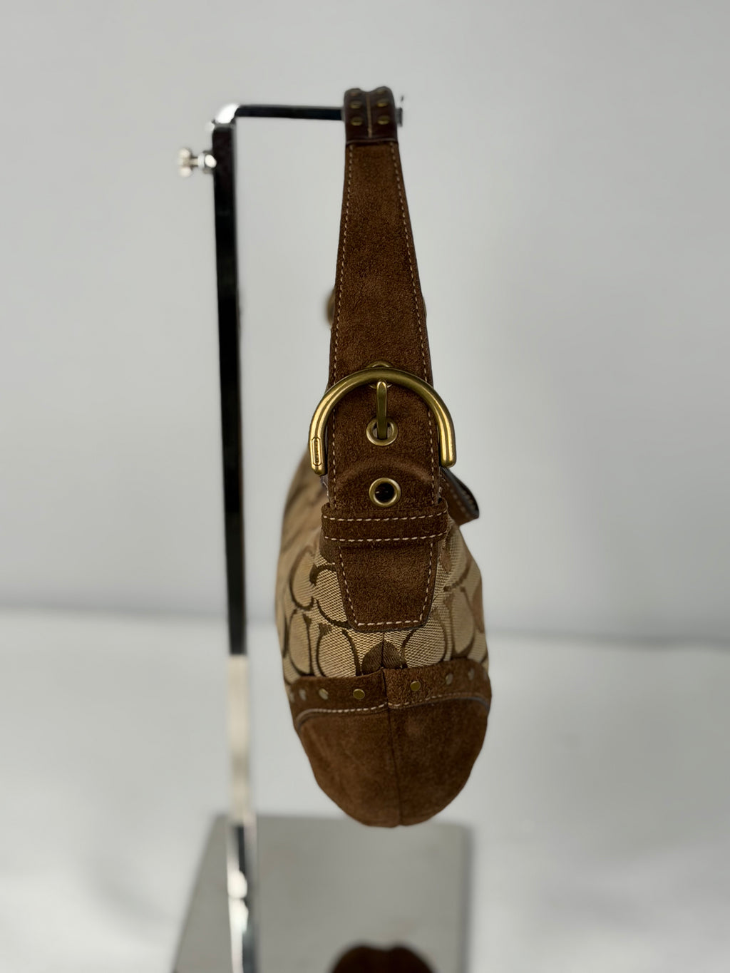Coach RARE 7057 Hobo Signature Shoulder Bag Gold Embellishments Brown Suede Trim