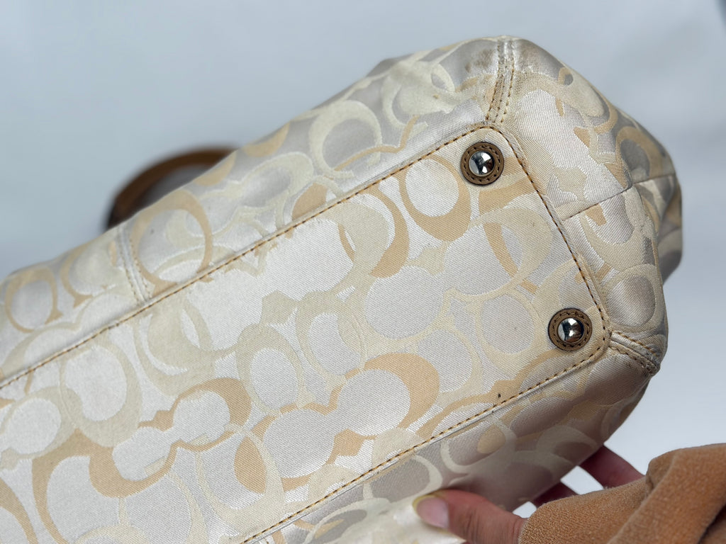 Coach F14492 Signature Cream/Beige/White Monogram Shoulder Bag Brown Leather Trim