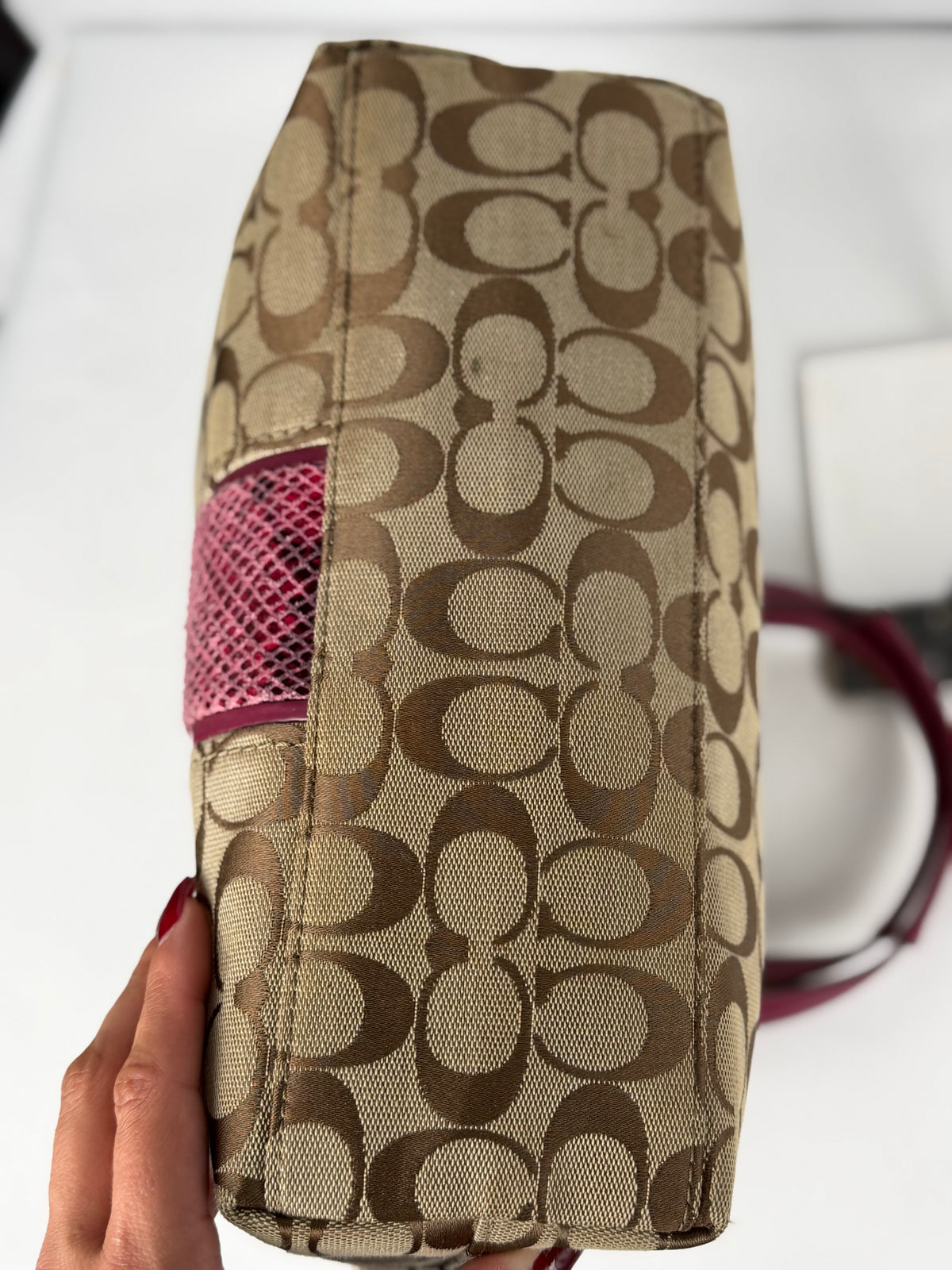 Coach F25706 Signature Brown Stripe Pink Python Shoulder Bag Leather Trim