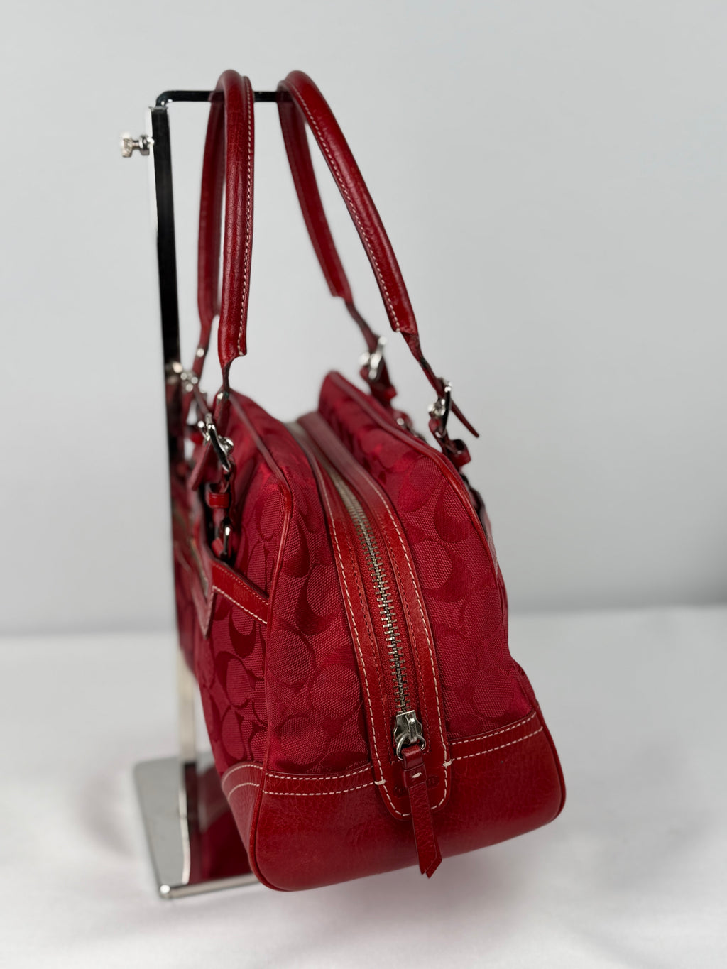 Coach 8K05 Mini Boston Signature Red Shoulder Bag Leather Trim