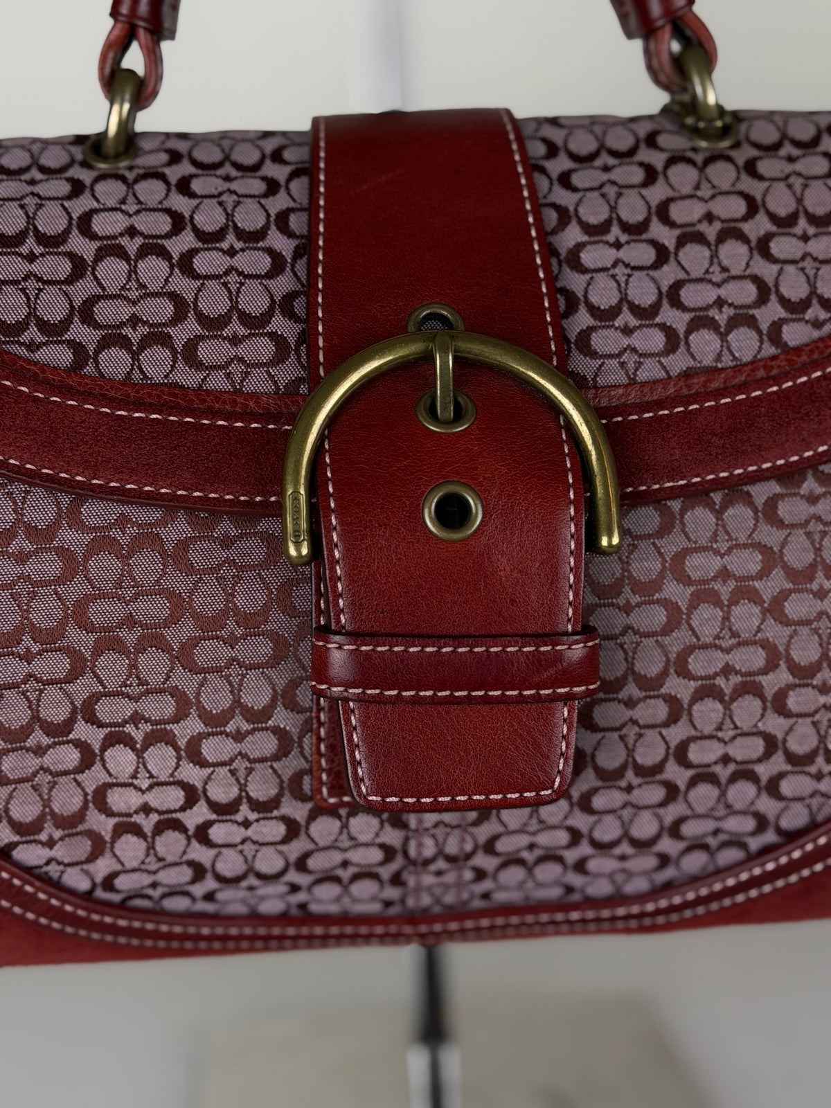 Coach 7078 Rare Soho Red Signature Monogram Hand Bag Leather Trim