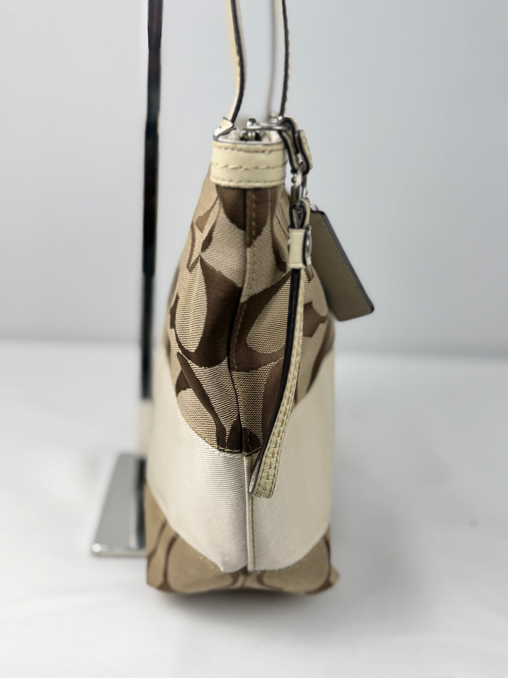 Coach F13548 Signature Brown/White Tote Shoulder Bag Leather Trim