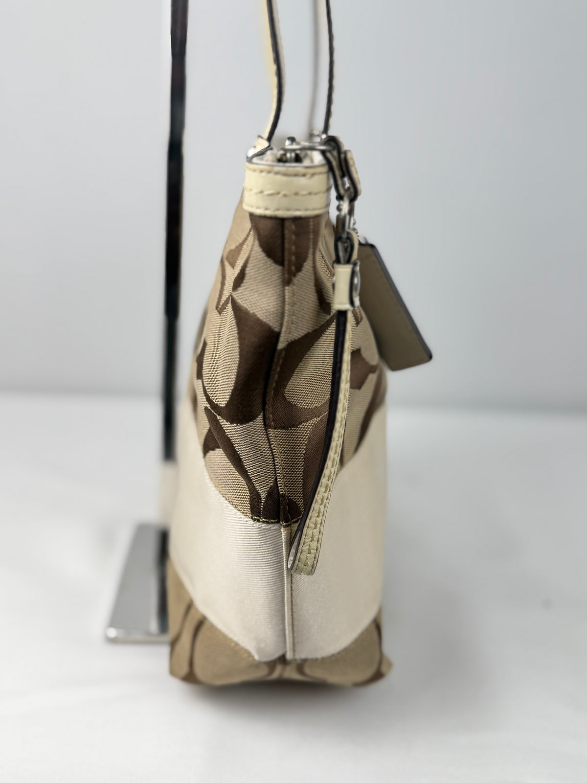 Coach F13548 Signature Brown/White Tote Shoulder Bag Leather Trim