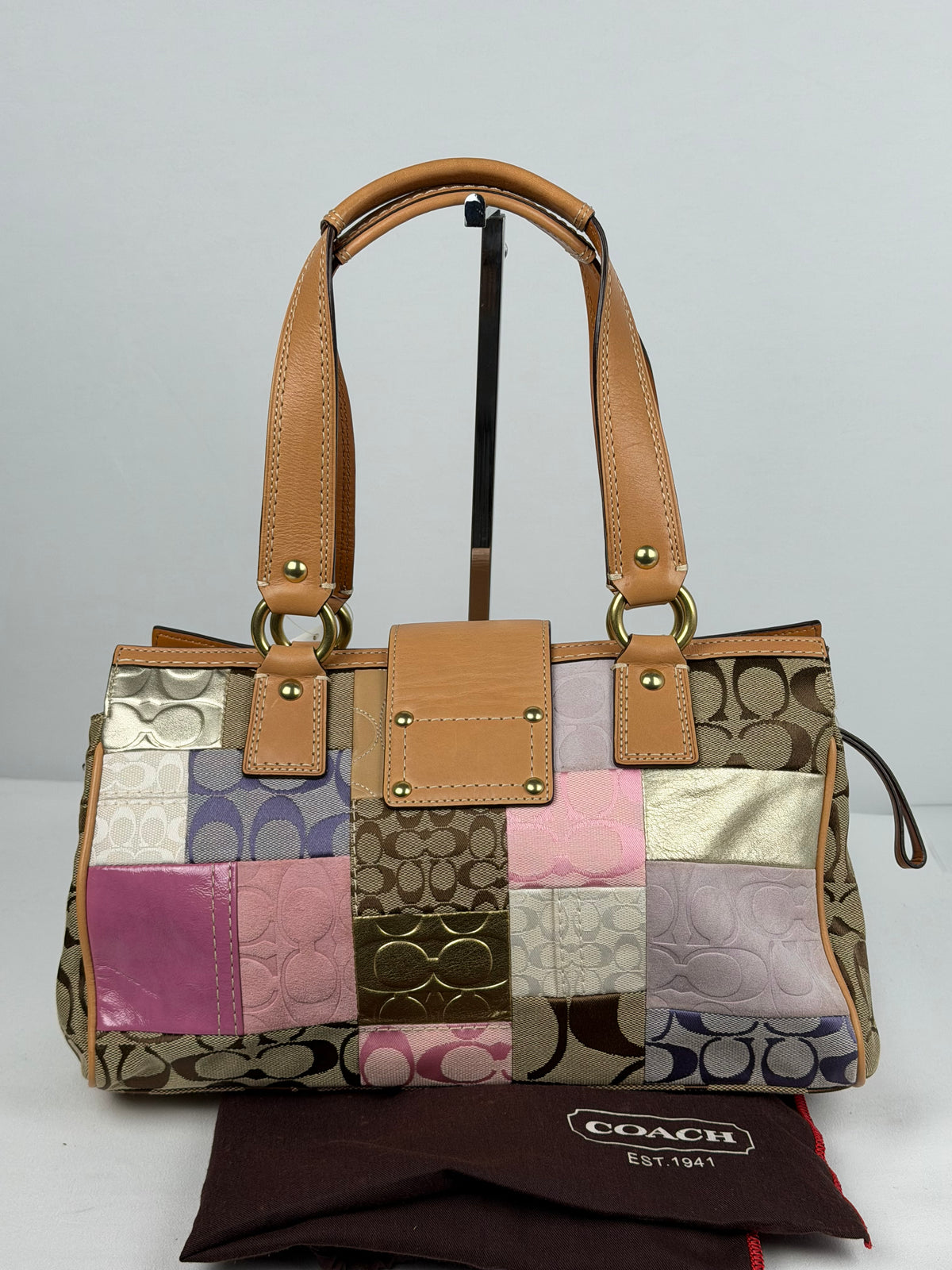 RARE Coach F13335 Patchwork Pink/Purple Turnlock Shoulder Bag Leather Trim NWT