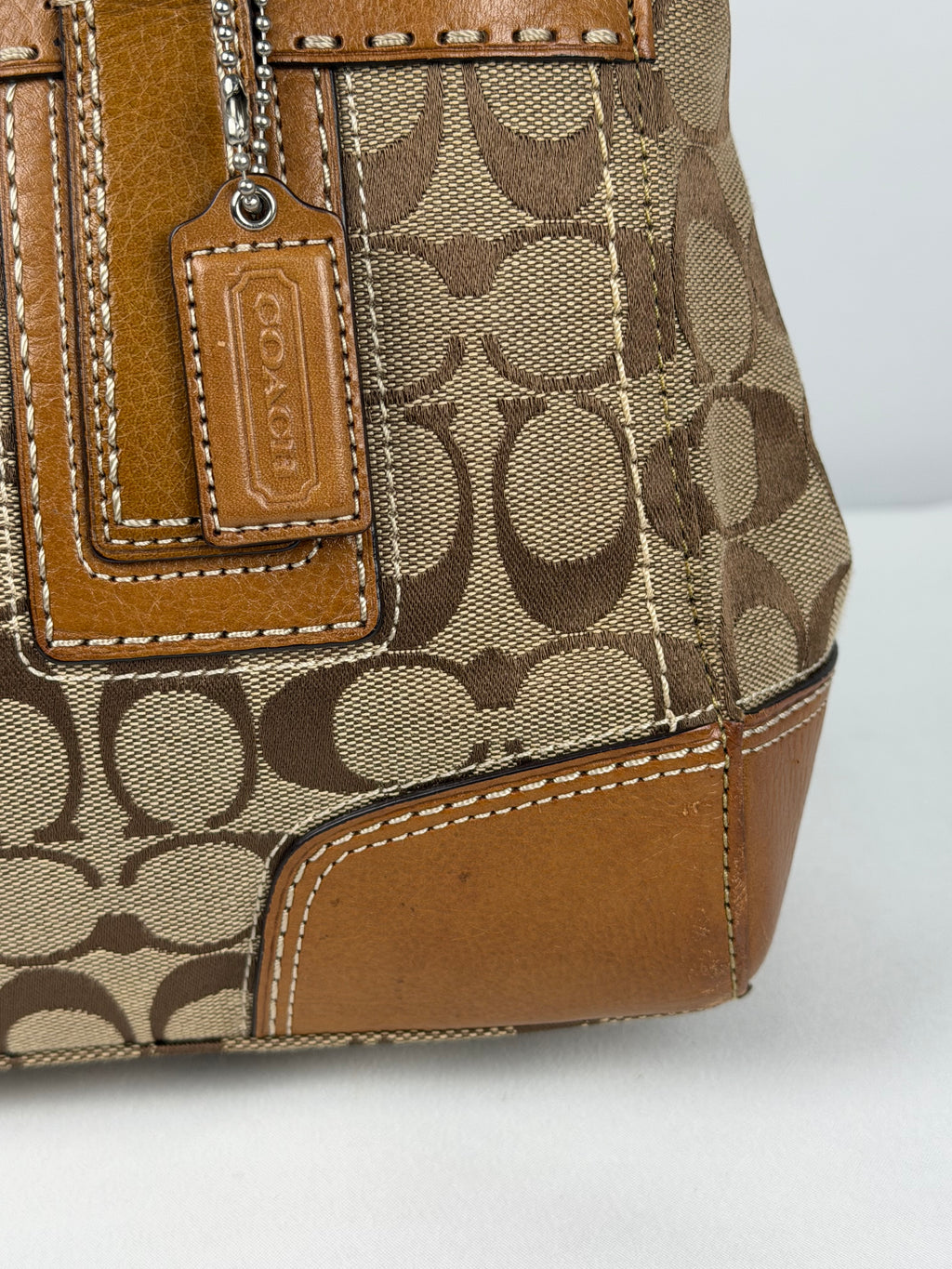 Coach 11589 Hampton Turnlock Signature Brown Monogram Shoulder Bag Leather Trim