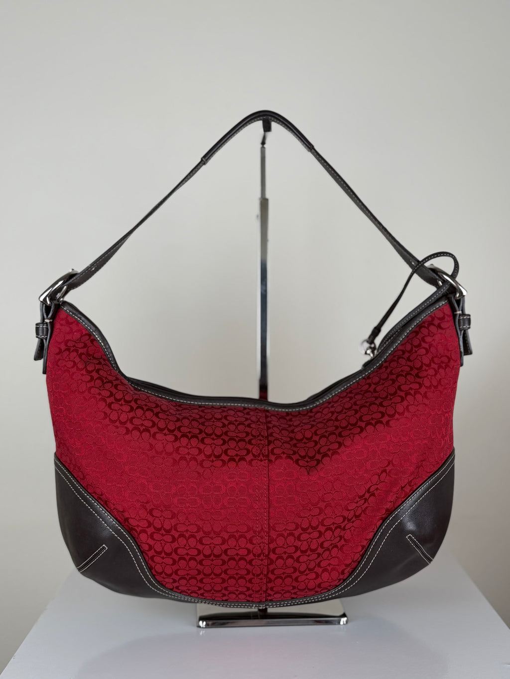 Coach 6385 Rare Hobo Red Signature Monogram Shoulder Bag with matching wristlet Brown Leather Trim