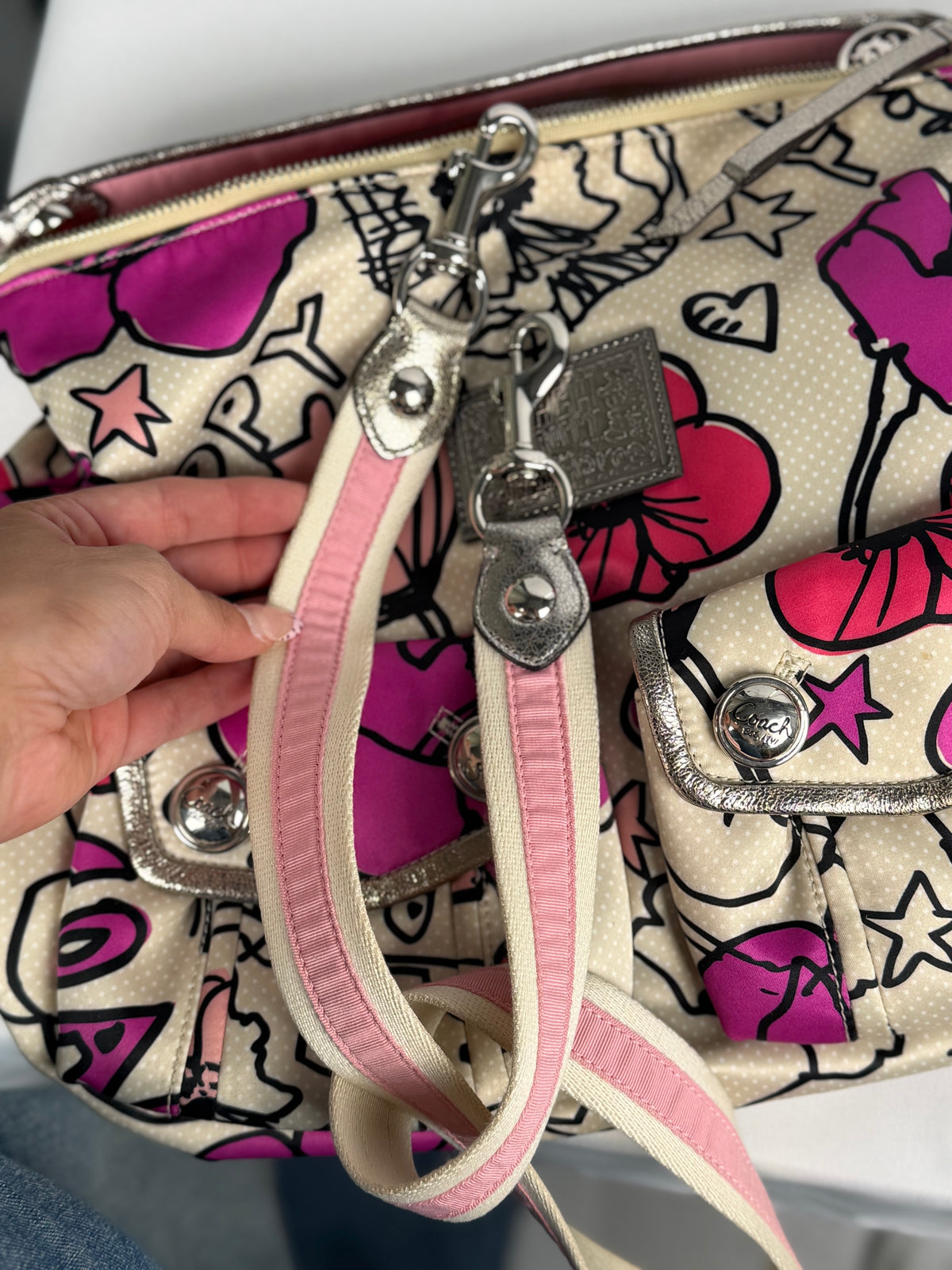 Coach F16493 Poppy Graffiti Floral Pink/Purple/Cream Shoulder Bag Leather Trim
