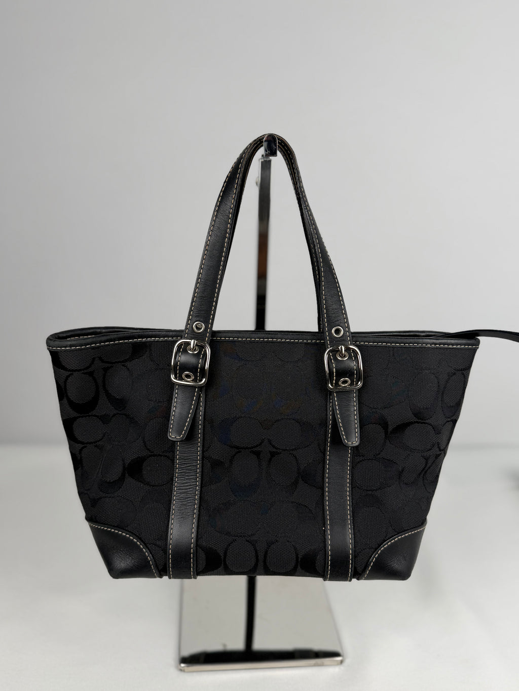 Coach 6043 Signature Small Black Hand Bag Leather Trim