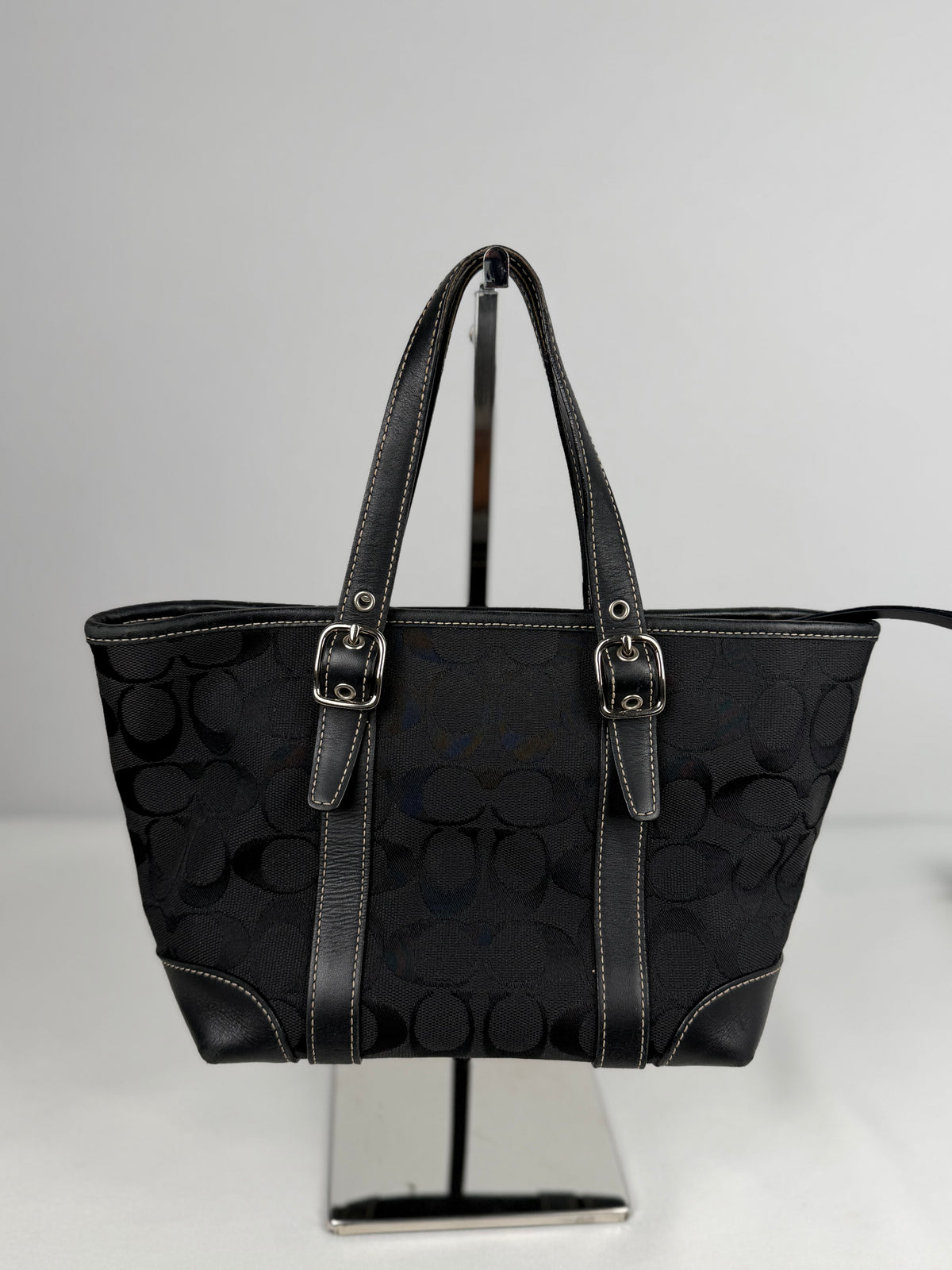 Coach 6043 Signature Small Black Hand Bag Leather Trim