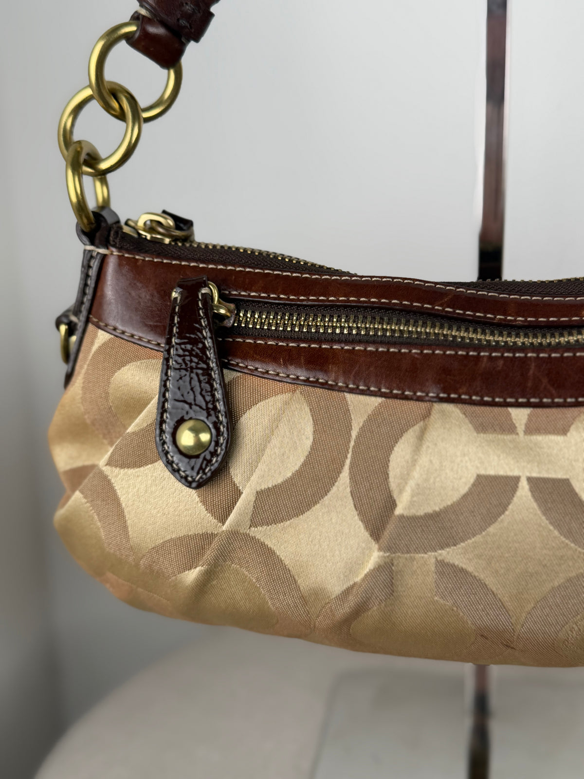 Coach 12950 Hobo Madison Optic Art Beige Monogram Shoulder Bag Brown Leather Trim