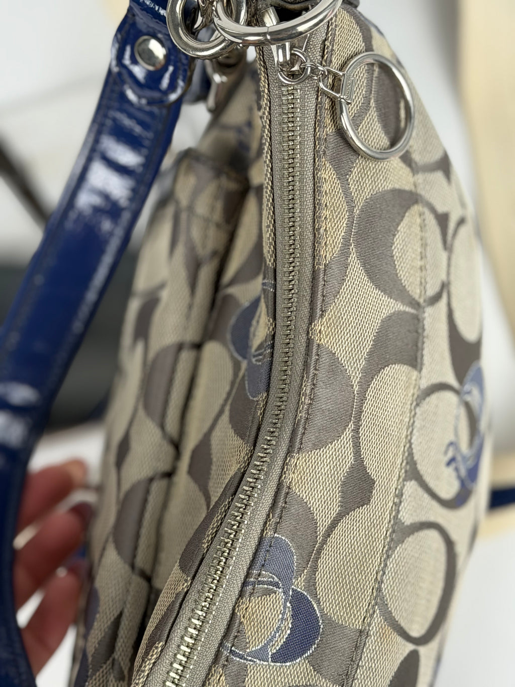 Coach F18756 Poppy Beige Monogram Blue Leather Trim Shoulder Bag