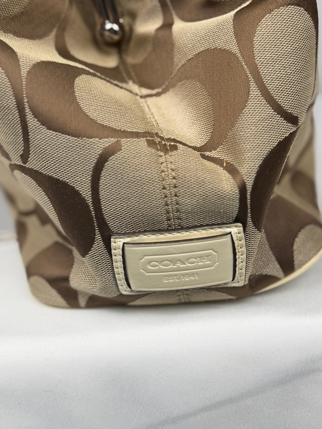 Coach F13533 Signature Brown Monogram Kisslock Shoulder Bag Cream Leather Trim