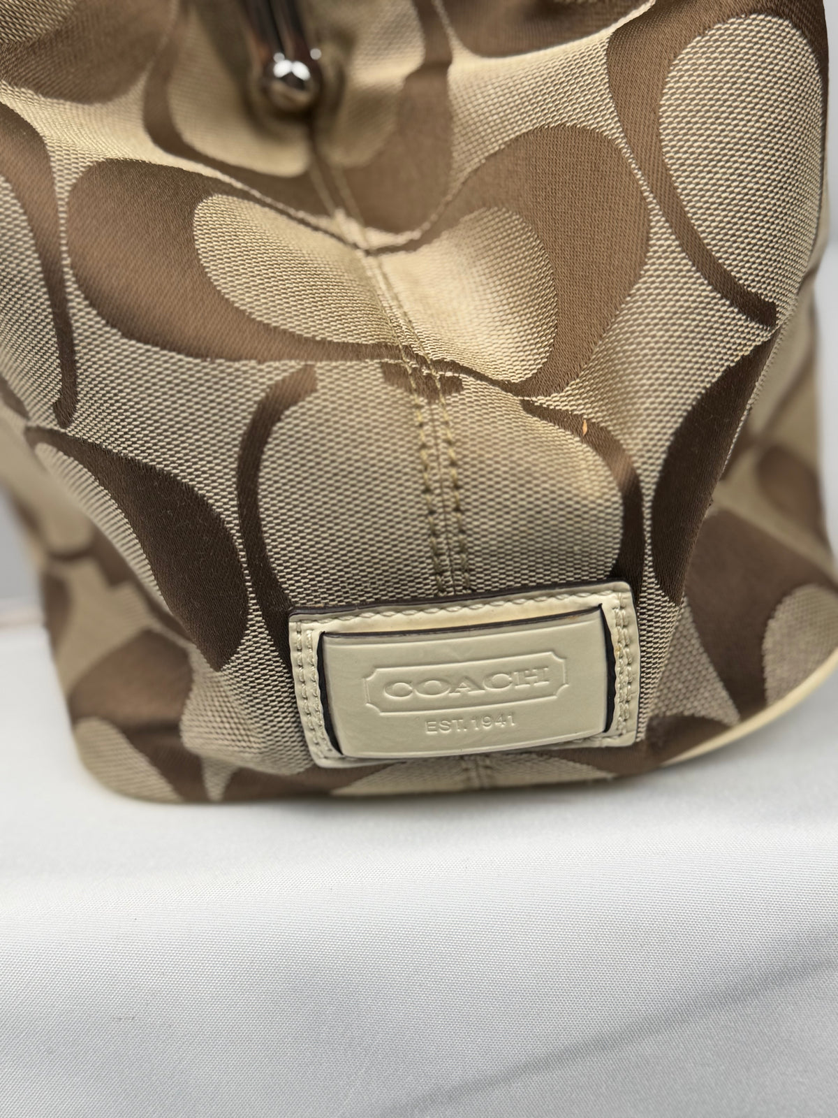 Coach F13533 Signature Brown Monogram Kisslock Shoulder Bag Cream Leather Trim