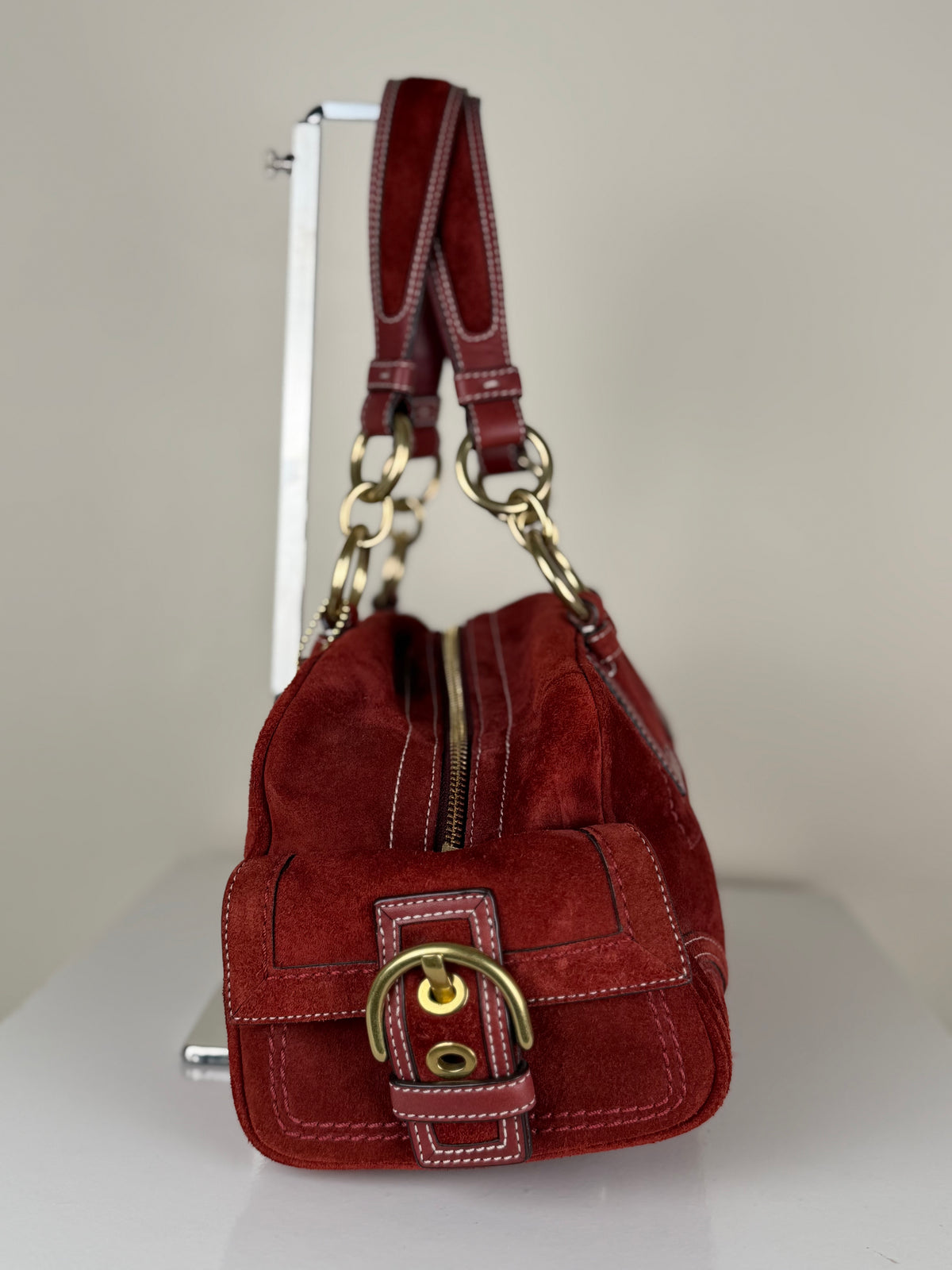 Coach Rare 10061 Mia Soho Red Suede Boston Shoulder Bag Leather Trim
