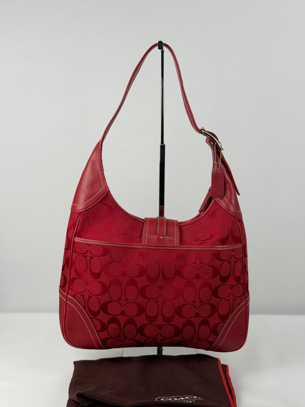 Rare Coach 8K03 Hampton Clip Red Monogram Shoulder Bag Leather Trim