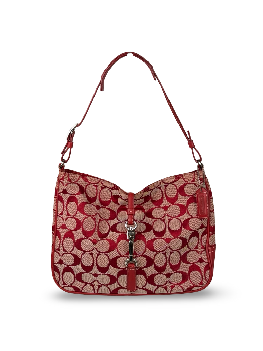 Coach 6091 Hampton Clip Red Signature Monogram Shoulder Bag Leather Trim