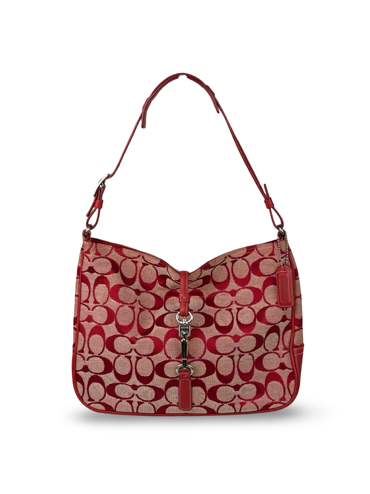 Coach 6091 Hampton Clip Red Signature Monogram Shoulder Bag Leather Trim