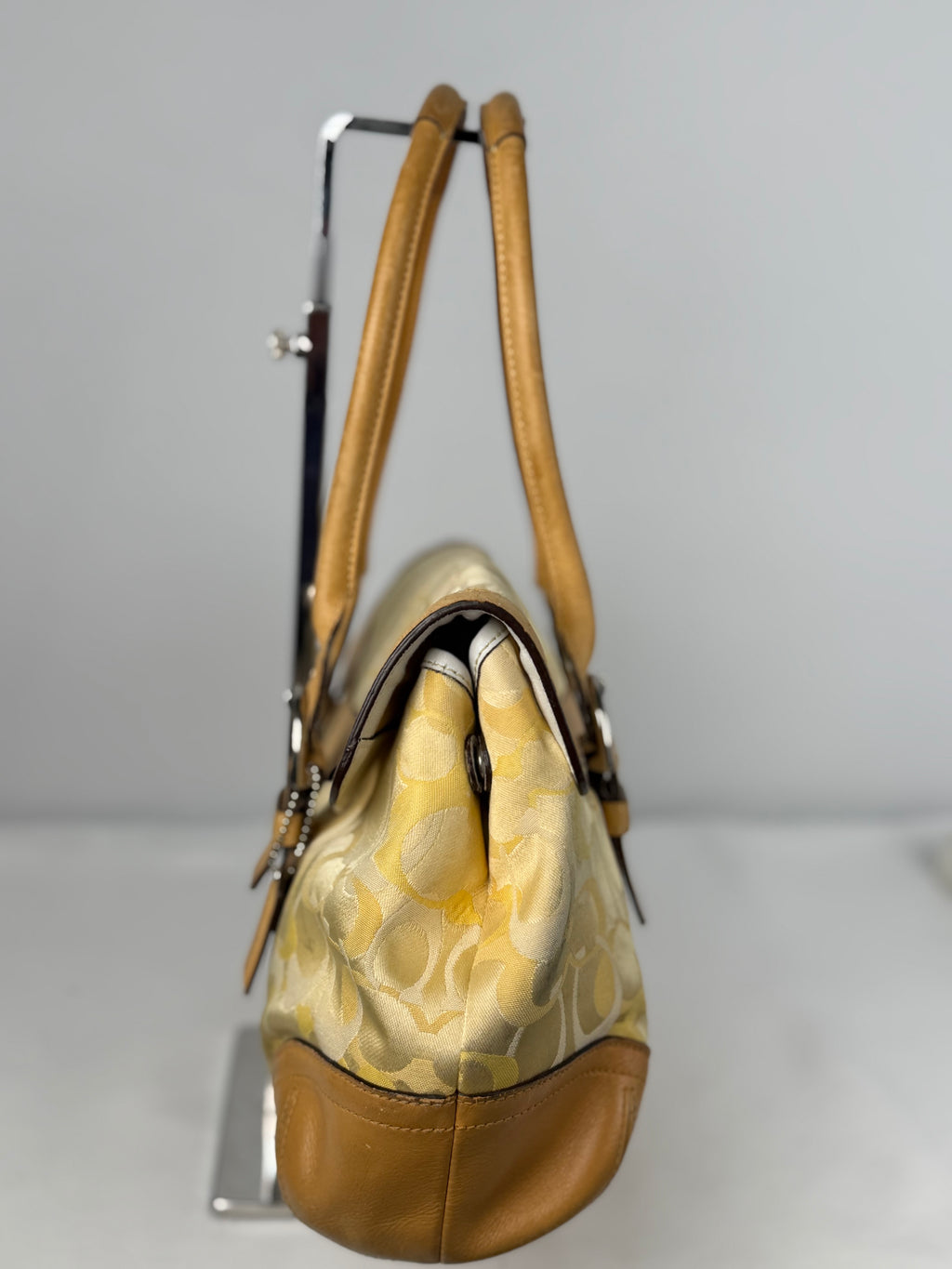 Coach 6722 Yellow Op Art Monogram Soho Shoulder Bag Tan Leather Trim