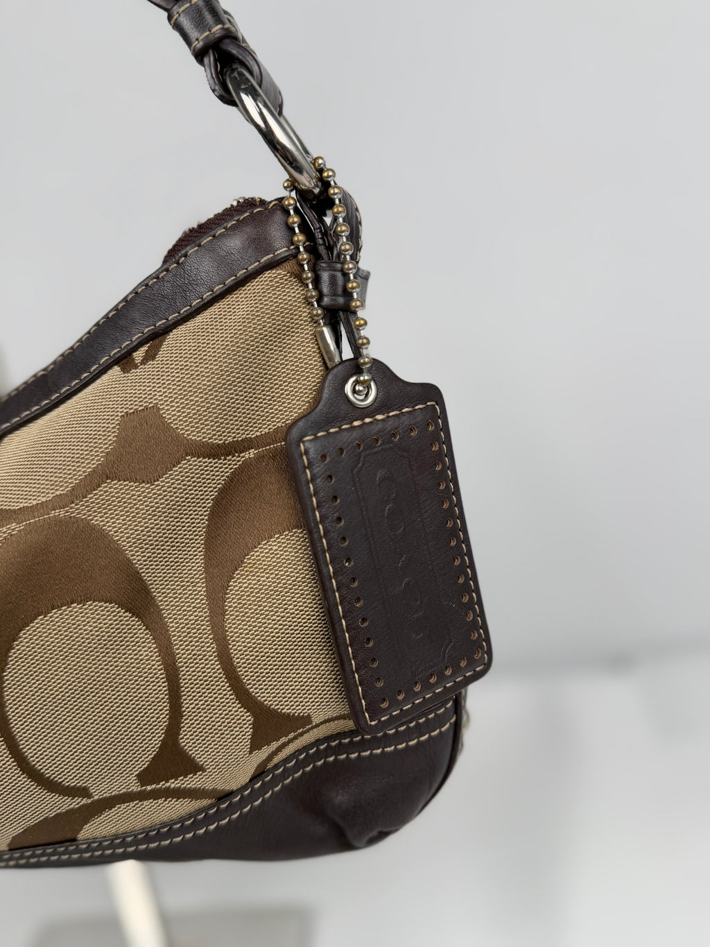 Coach F19731 Signature Brown Shoulder Bag Leather Trim