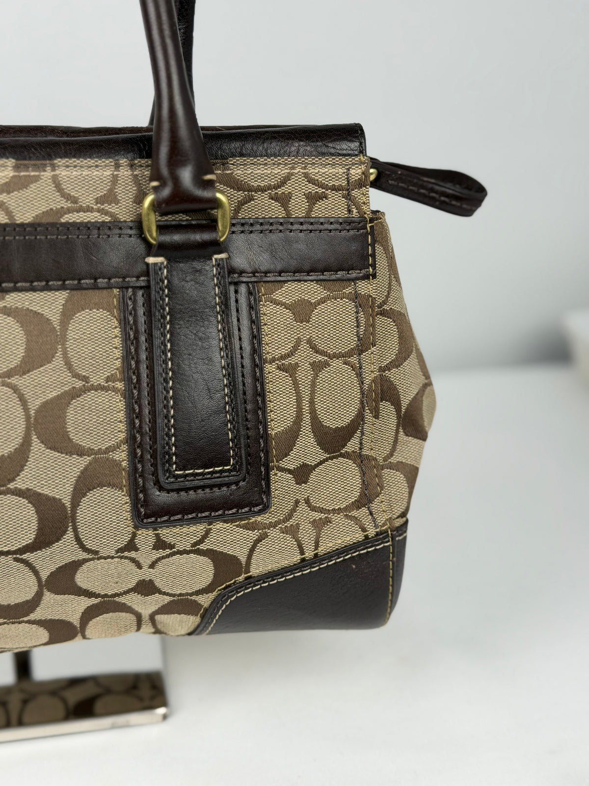 Coach 11062 Hampton Turnlock Signature Brown Monogram Shoulder Bag Leather Trim