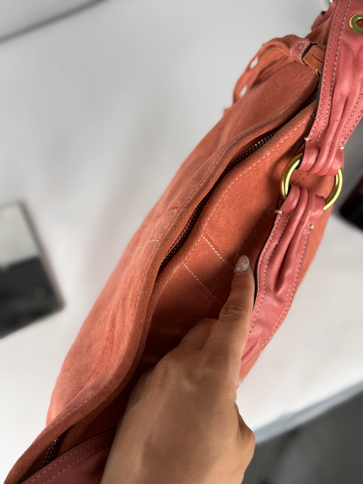 Coach 8A16 Hobo Coral Pink Suede Leather Shoulder Bag