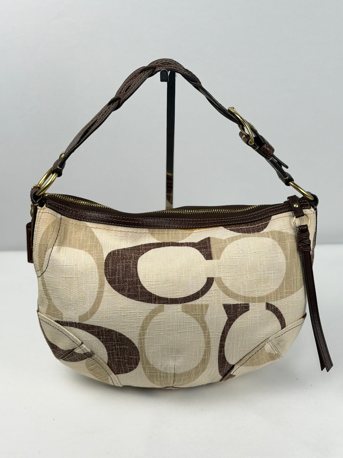 RARE Coach 12190 Signature Brown/Cream Monogram Hobo Shoulder Bag Leather Trim