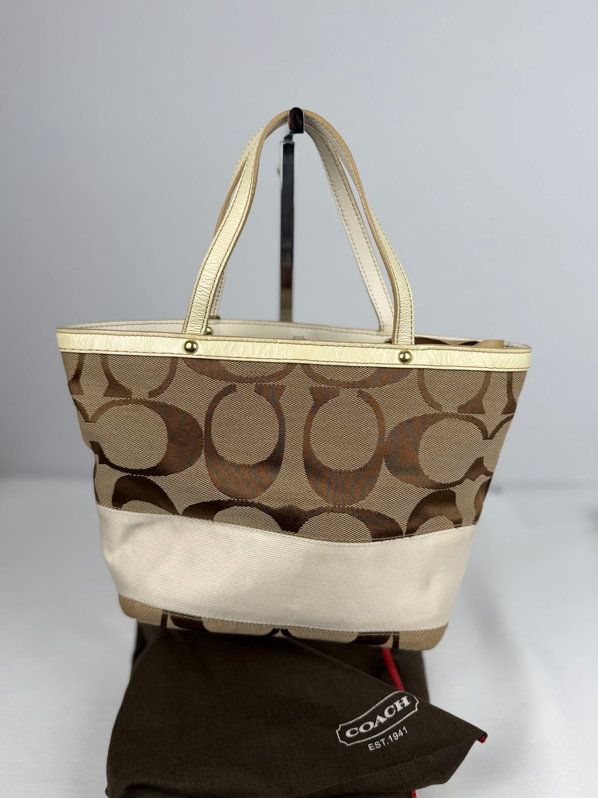 Coach 10123 Signature Brown Small Handbag White Leather Trim