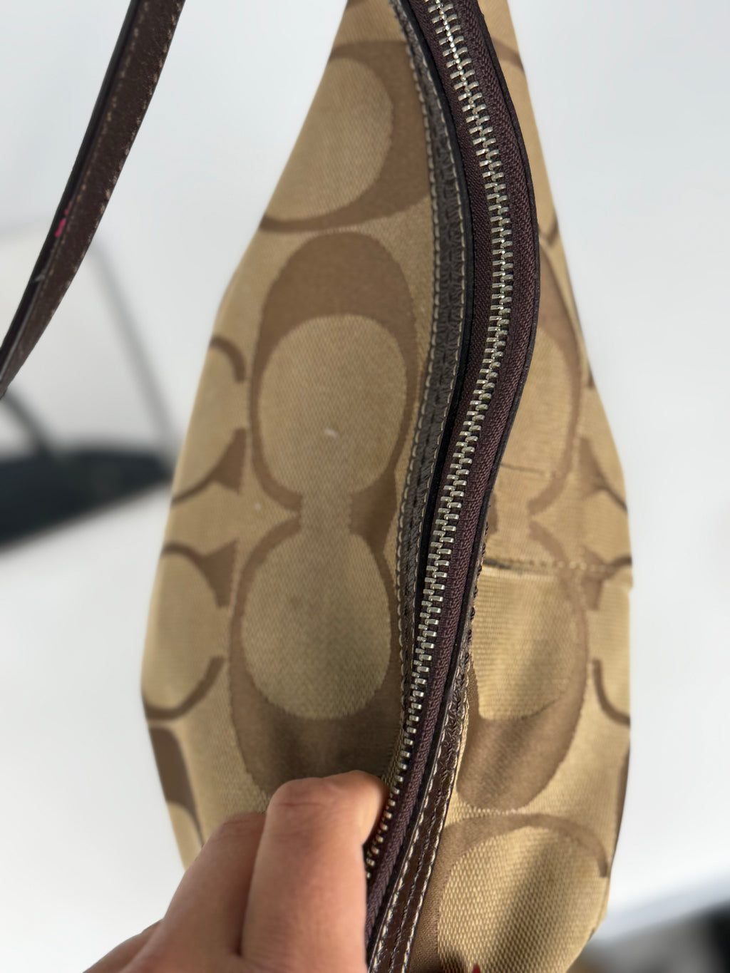 Coach F13674 Signature Brown Monogram Shoulder Bag Leather Trim