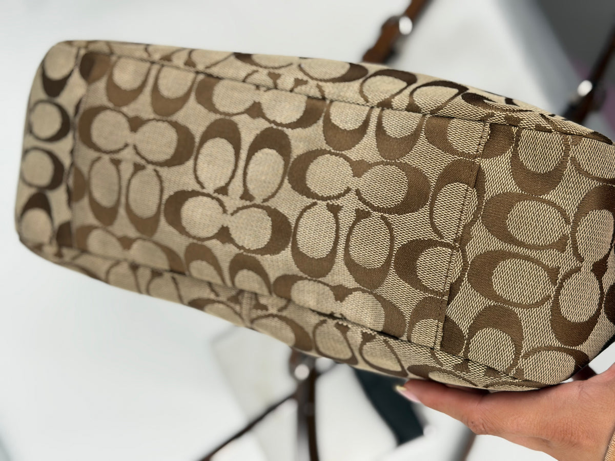 Coach F17726 Signature Brown Monogram Shoulder Bag Leather Trim