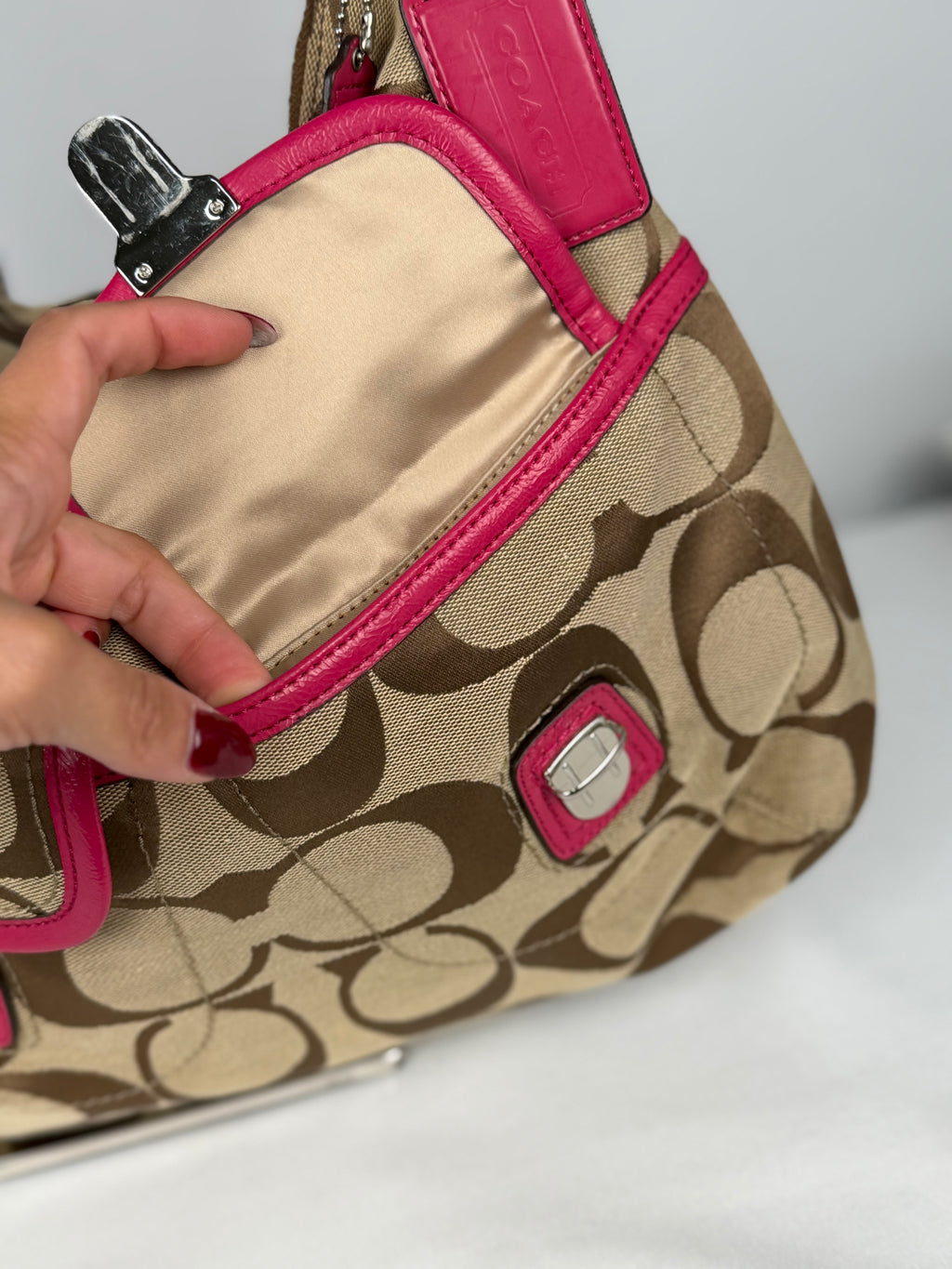 Coach F23392 Daisy Signature Brown Monogram Double Pocket Shoulder Bag Pink Leather Trim