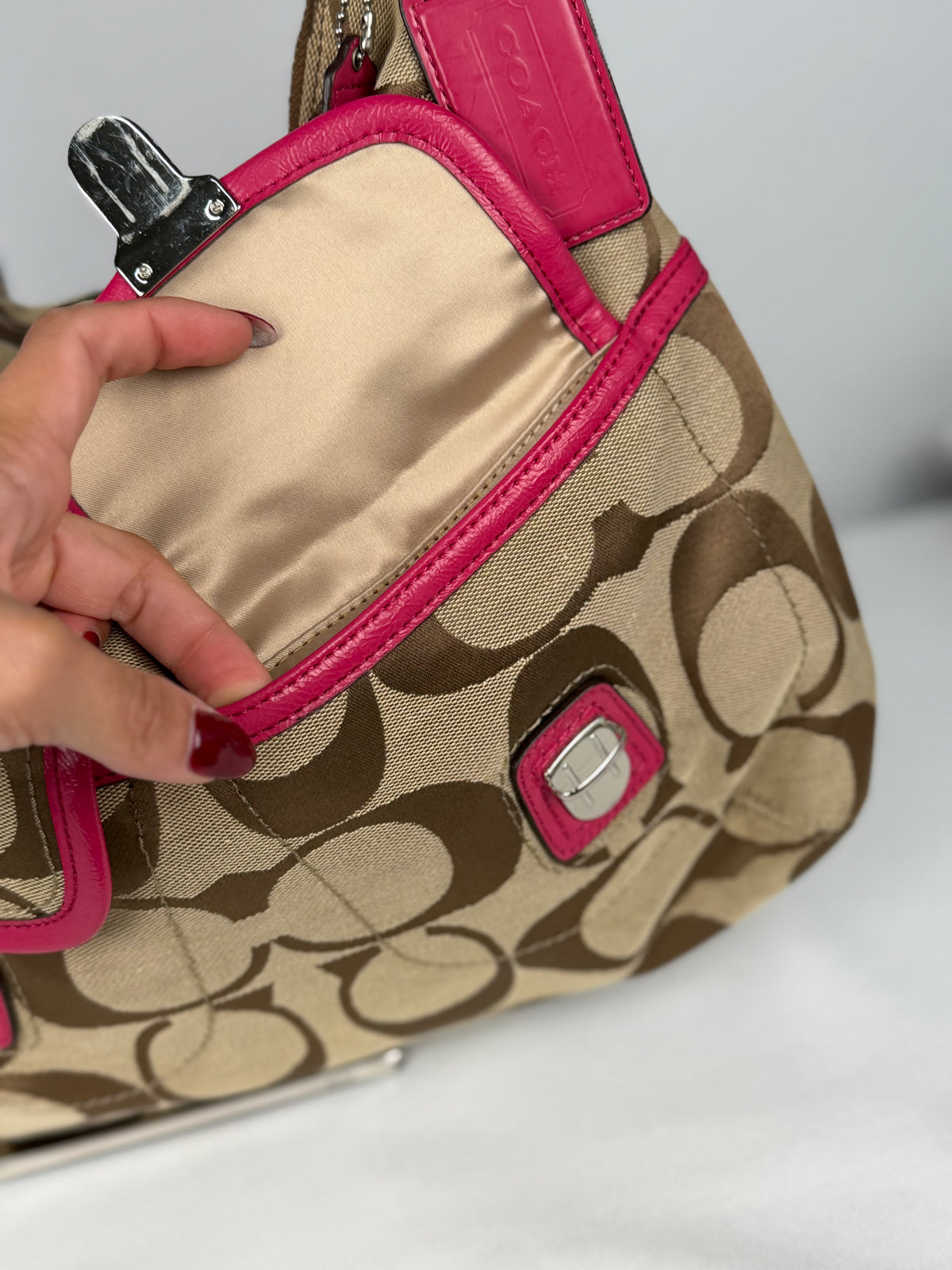 Coach F23392 Daisy Signature Brown Monogram Double Pocket Shoulder Bag Pink Leather Trim