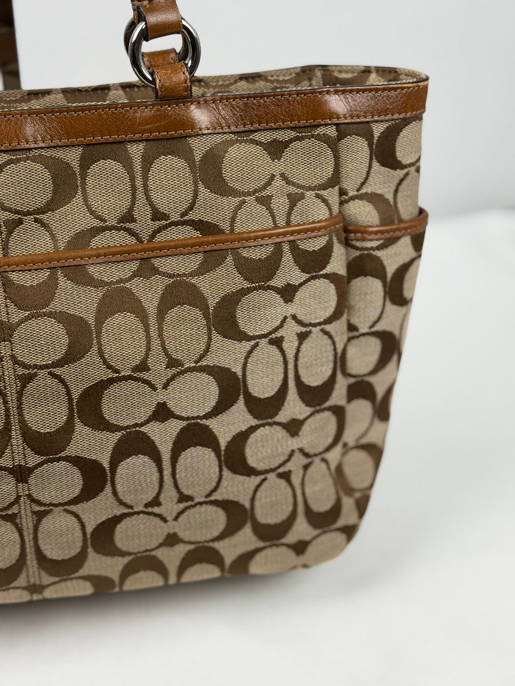 Coach F17726 Signature Brown Monogram Shoulder Bag Leather Trim