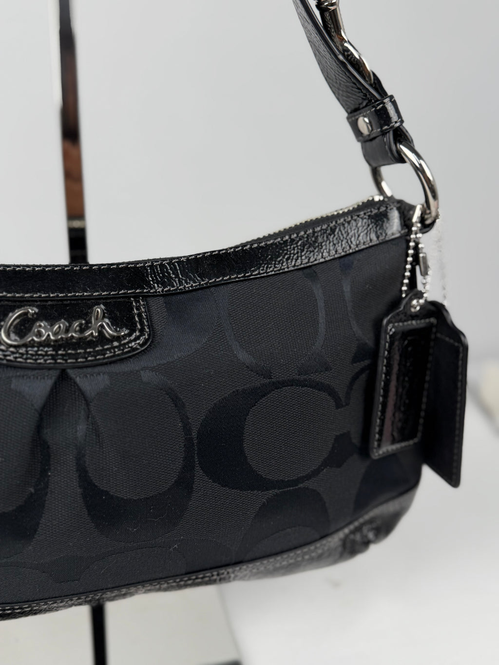 Coach F19731 Signature Black Monogram Shoulder Bag Black Patent Leather Trim