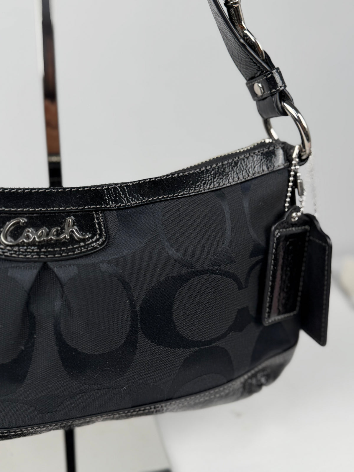 Coach F19731 Signature Black Monogram Shoulder Bag Black Patent Leather Trim