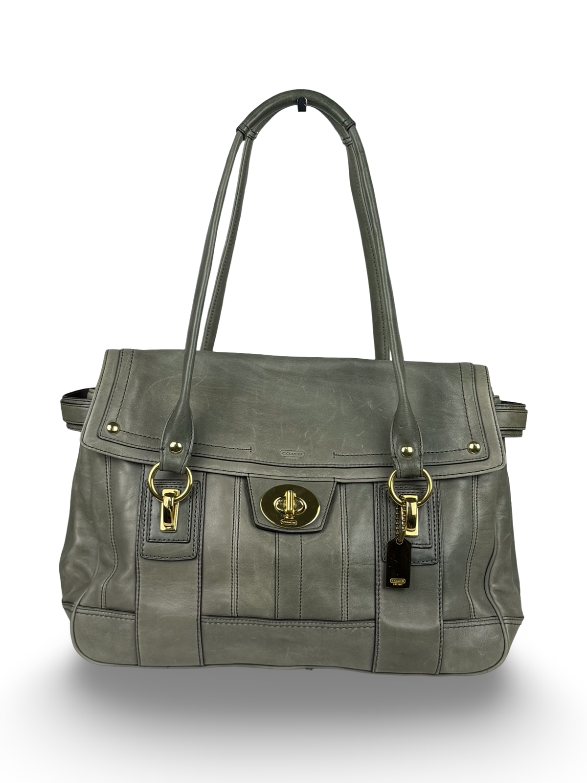 Coach 12442 Rare Hampton Lindsay Turnlock Green/Grey Leather Flap Satchel Shoulder Bag
