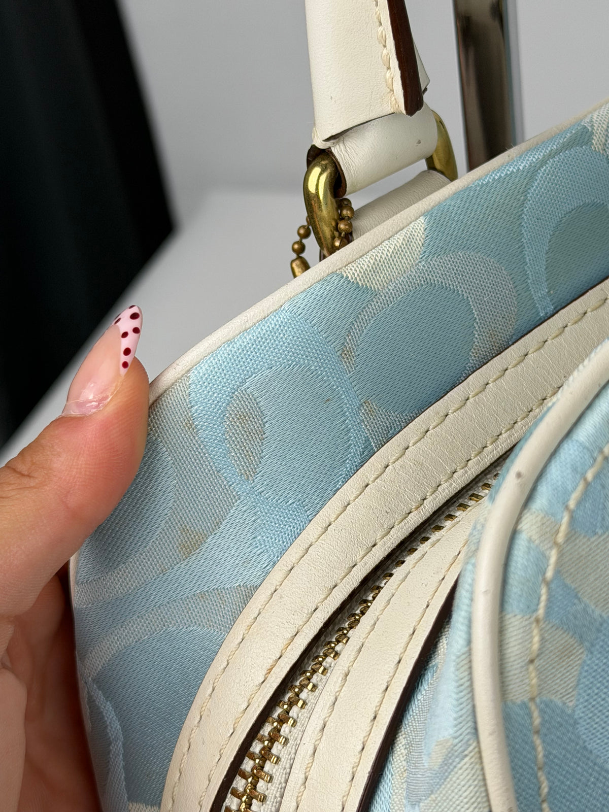 Coach 10777 Blue Optic Art Monogram Shoulder Bag Leather Trim