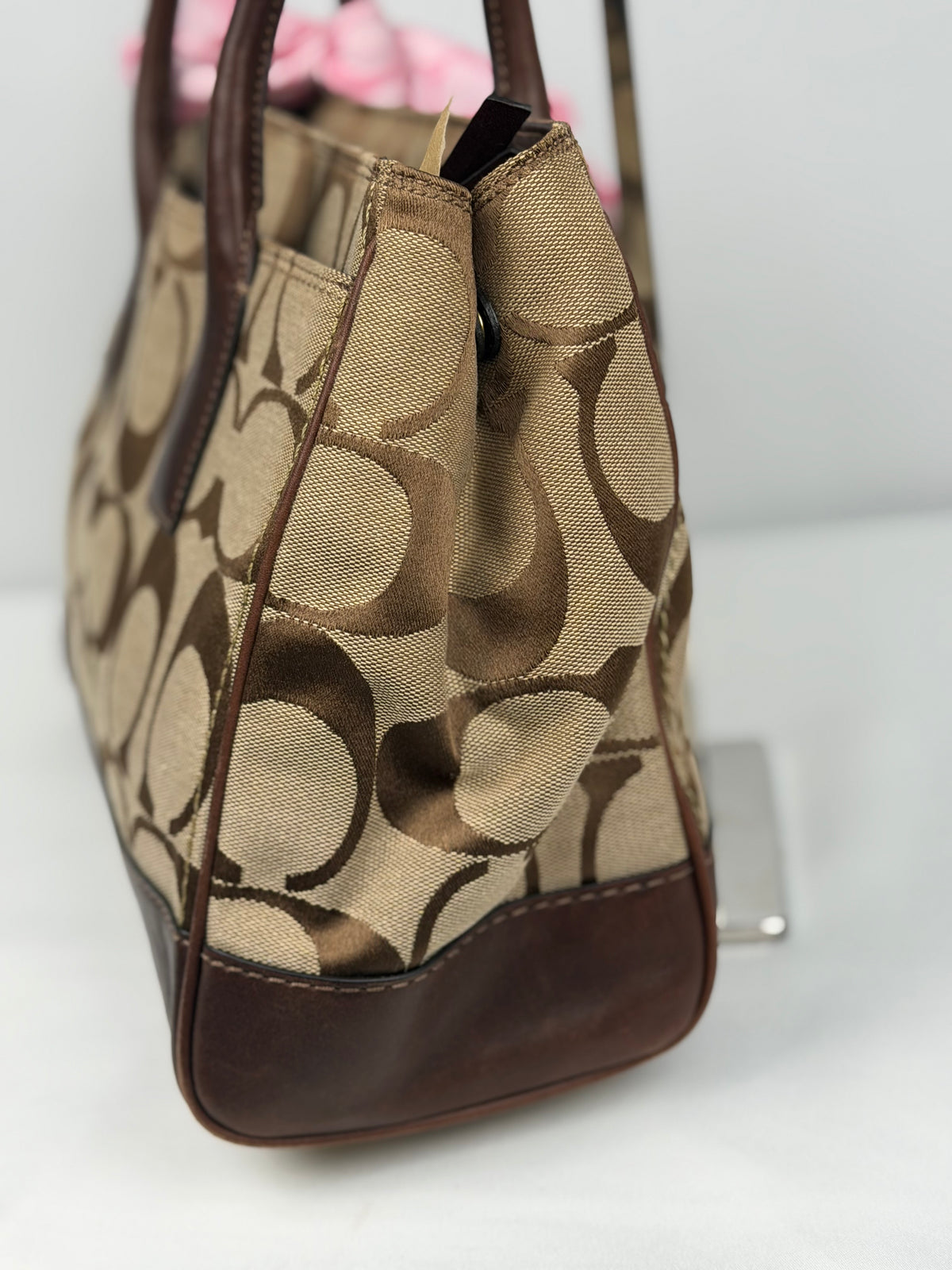 Coach 11558 Madeline Turnlock Signature Brown Monogram Shoulder Bag Leather Trim