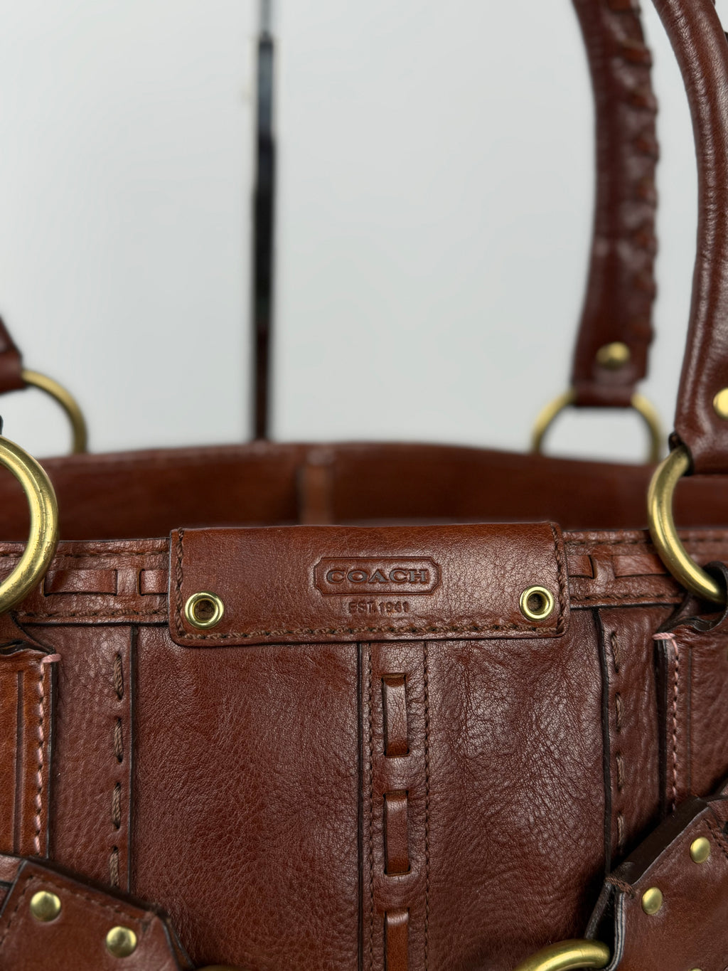 Coach 9290 Rare Hampton Clip Brown Leather Shoulder Bag Braided Detail