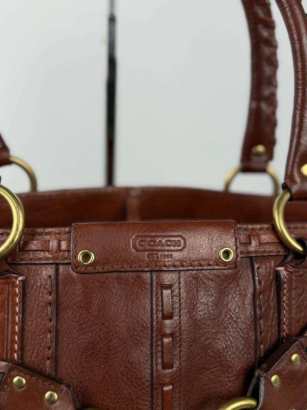 Coach 9290 Rare Hampton Clip Brown Leather Shoulder Bag Braided Detail
