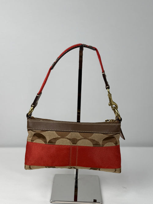 Coach 10120 Signature Brown/Red Monogram Shoulder Bag Leather Trim
