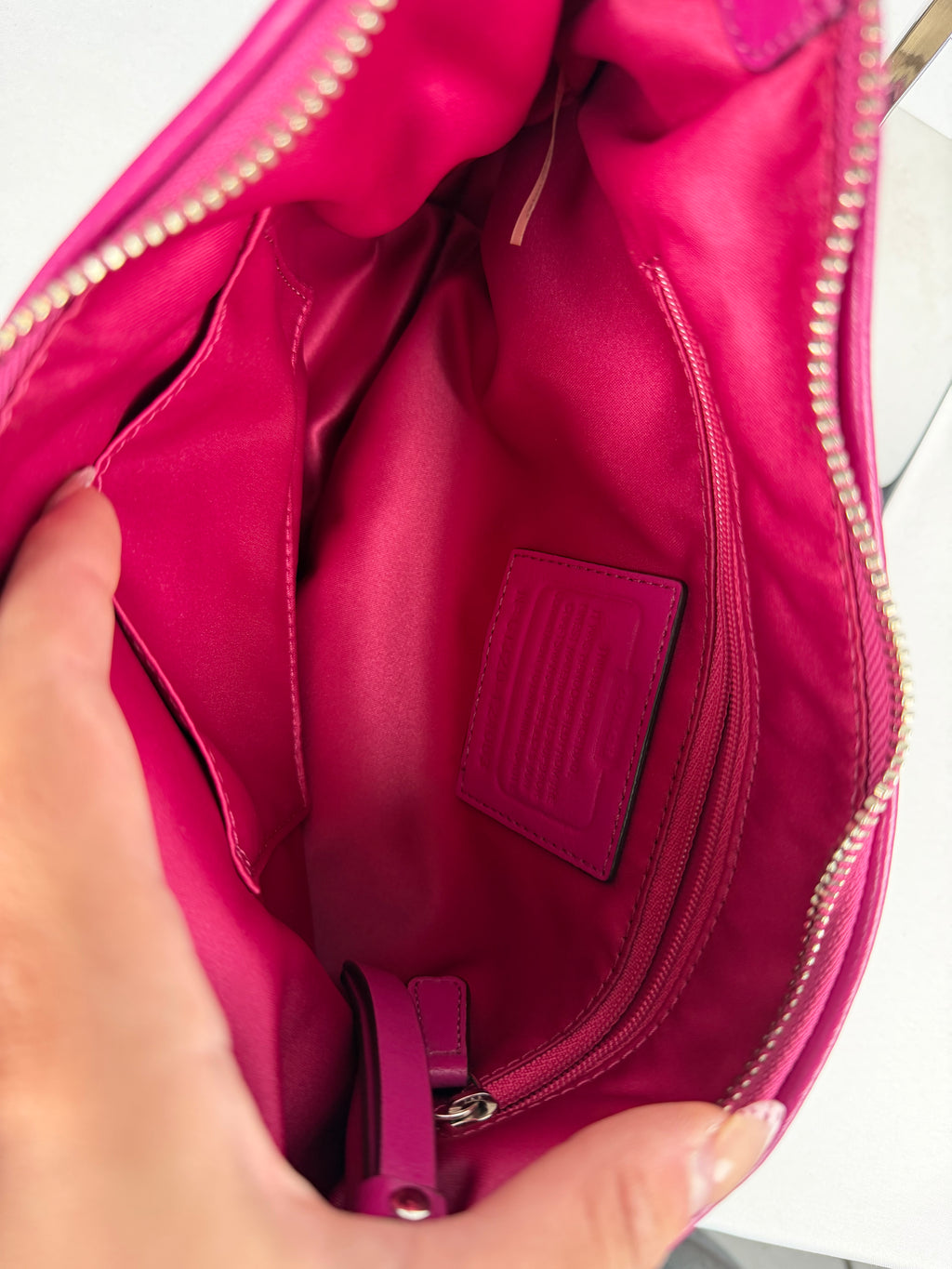 Coach F24063 Signature Brown Monogram Shoulder Bag Pink Leather Trim