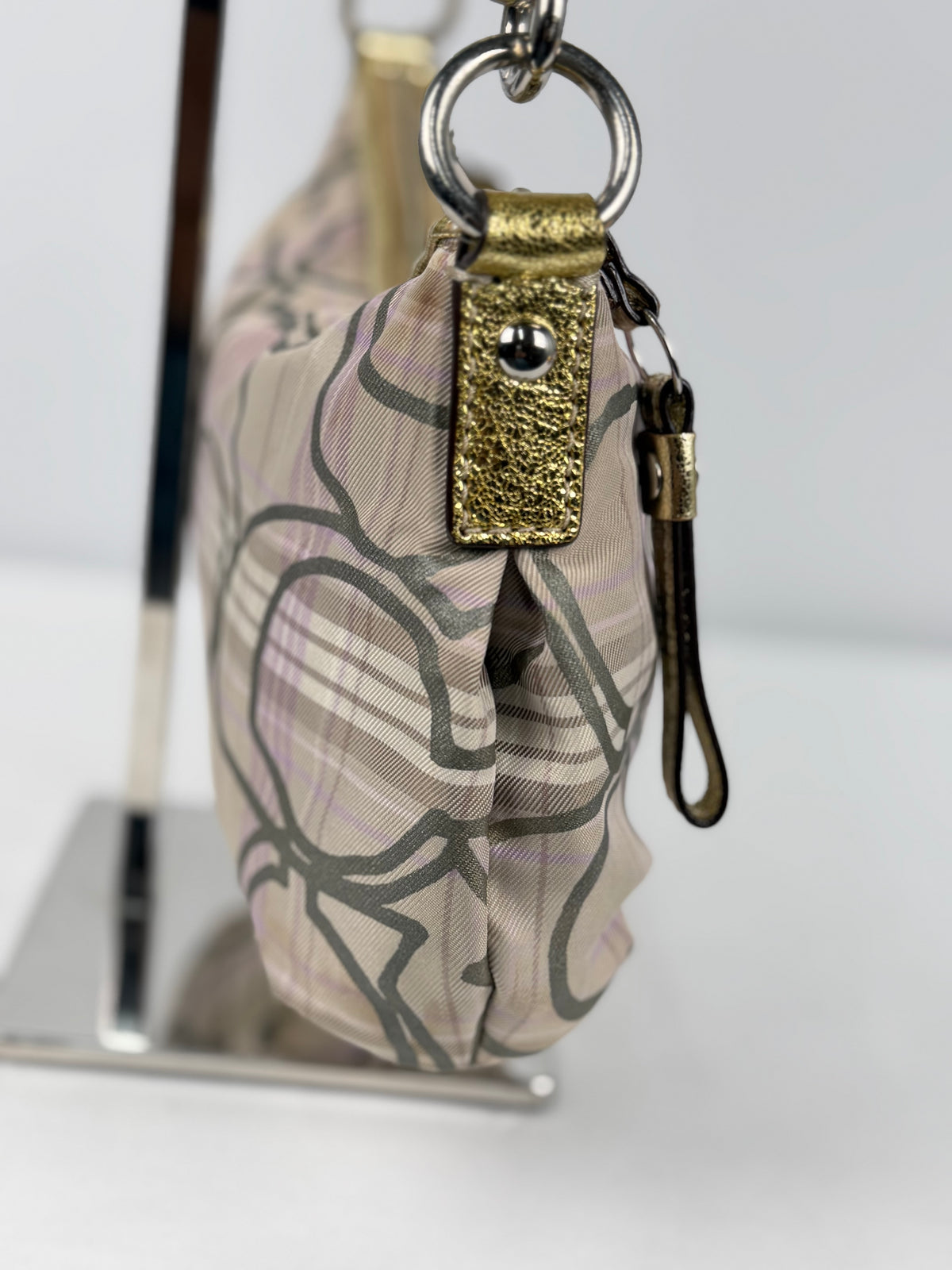 Coach F17210 Signature Purple/Beige Check Pattern Shoulder Bag Gold Leather Trim
